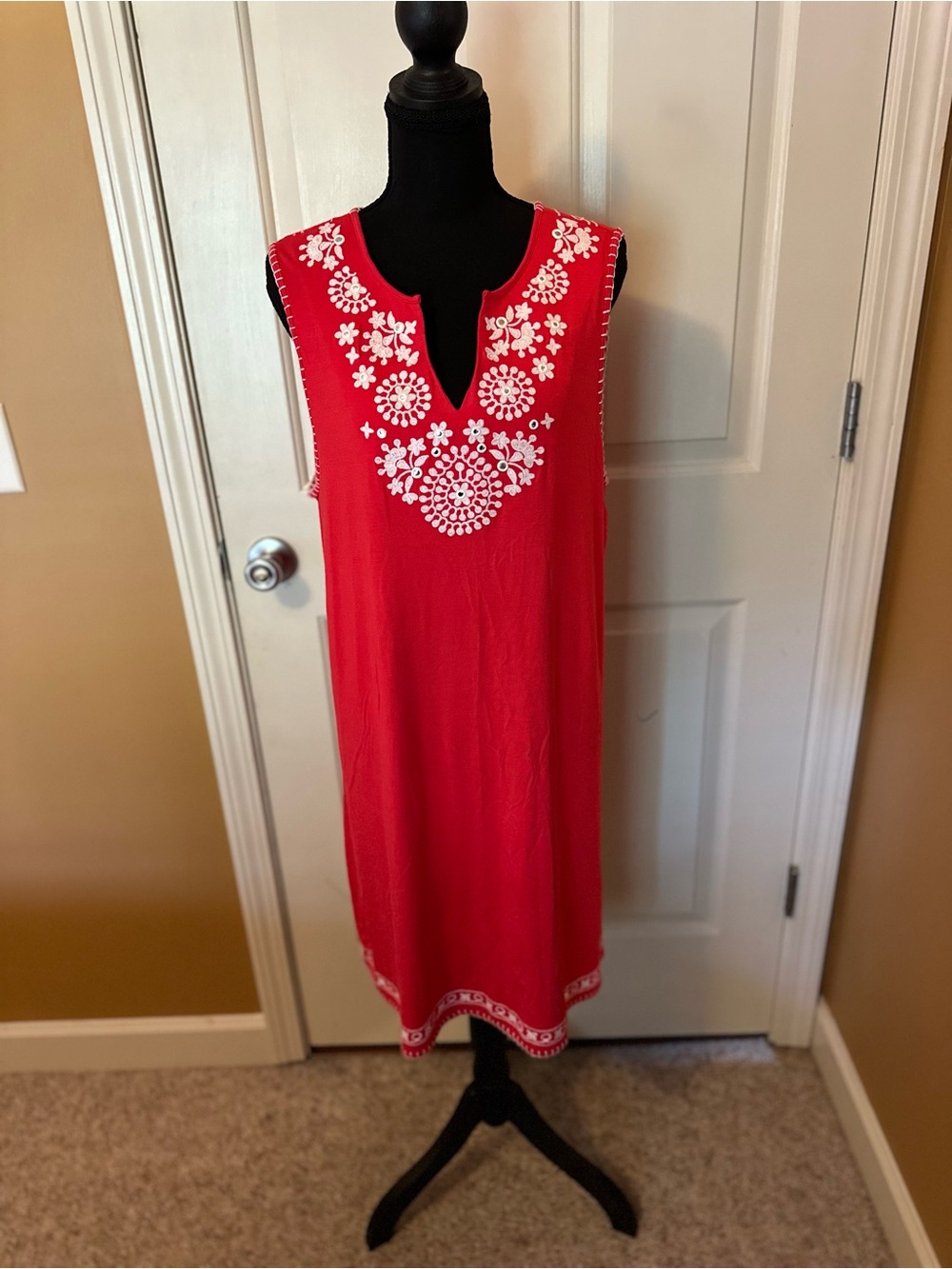 Grace Red Tunic Top with White Embroidered Detail